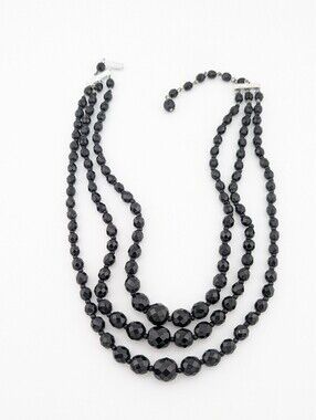 Vintage Western Germany 3 Strand Black Glass Necklace - Classic Estate Jewelry